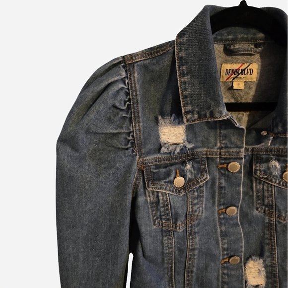 Distressed Blue Cropped Jean Jacket With Juliet Sleeve And Raw Hem - Picture 3 of 4